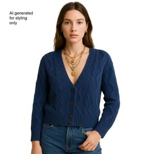 Vintage Cabin Fever Navy Cable Knit Chunky Cardigan Silk Cotton Blend Sweater S